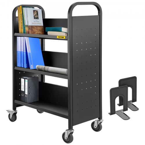 Book Cart Library Cart 200lb with Single Sided V-Shaped Sloped Shelves in Black