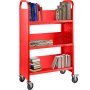 Book Cart Library Cart 200lb with Single Sided V-Shaped Sloped Shelves in Red