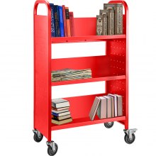 Book Cart Library Cart 200lb with Single Sided V-Shaped Sloped Shelves in Red