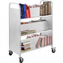 VEVOR 200LBS Book Cart, Library Cart 30x14x45 Inch, Rolling Book Cart Double Sided W-Shaped Sloped Shelves with 4-Inch Lockable Wheels, for Home Shelves Office and School Book Truck in White