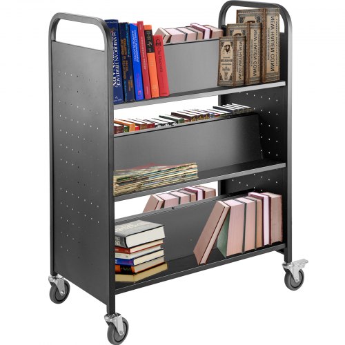 

VEVOR 200LBS Book Cart, Library Cart 30x14x45 Inch, Rolling Book Cart Double Sided W-Shaped Sloped Shelves with 4 Inch Lockable Wheels, for Home Shelves Office and School Book Truck in Black