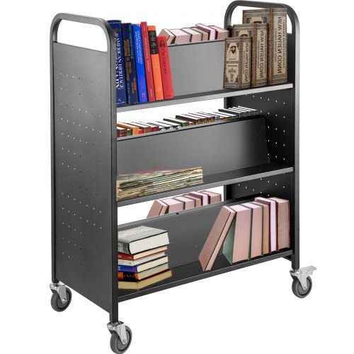 VEVOR 200LBS Book Cart, Library Cart 30x14x45 Inch, Rolling Book Cart Double Sided W-Shaped Sloped Shelves with 4 Inch Lockable Wheels, for Home Shelves Office and School Book Truck in Black