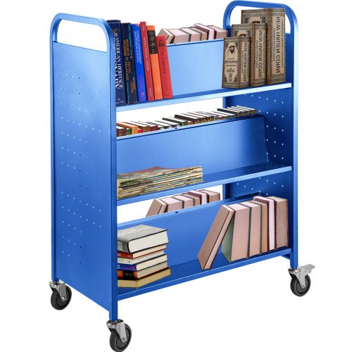 

VEVOR Book Cart Library Cart 90kg with Double Sided W-Shaped Sloped Shelves Blue