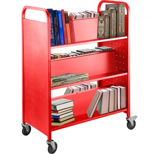 Book Cart Library Cart 200lb with Double Sided W-Shaped Sloped Shelves in Red