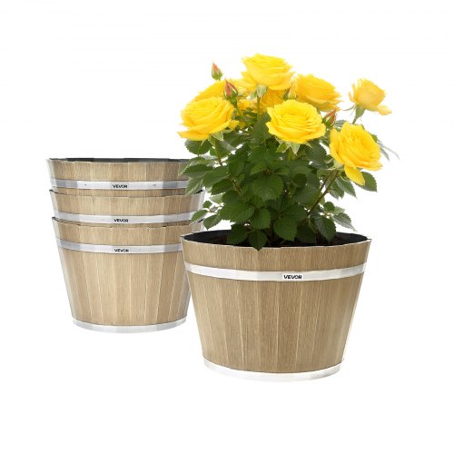 

VEVOR Plant Pots, 4 Pack 11.81 inch Whiskey Barrel Planters with Drainage Holes, Large Outside Plastic Decoration Flower Pot Imitation Wine Barrel Design for Indoor Outdoor Garden Home Plants, Brown