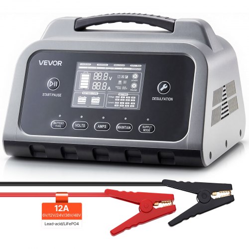 

VEVOR Smart Battery Charger, 12A, 6V 12V 24V 36V 48V Lithium LiFePO4 Lead-Acid (Gel / AGM) Car Battery Charger, with LCD Display, Trickle Charging Maintainer Desulfator, for Car, Boat, Motorcycle