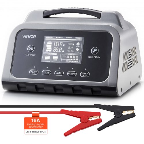 

VEVOR Smart Battery Charger, 16A, 6V 12V 24V 36V 48V 60V 72V Lithium LiFePO4 Lead-Acid (Gel/AGM) Car Battery Charger, with LCD Display, Trickle Charging Maintainer Desulfator, for Car Boat Motorcycle