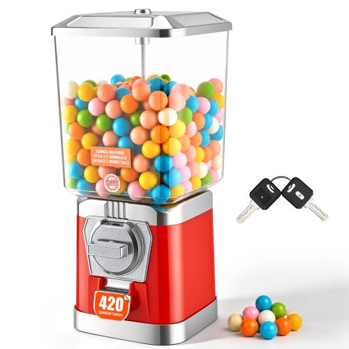 VEVOR Gumball Machine for Kids, 17"H Home Candy Vending Machine, PC Gumball Dispenser, Bubble Gum Machine for Game Stores, Coin Operated Gumball Bank for Toy Capsules Bouncy Balls Candy, Red