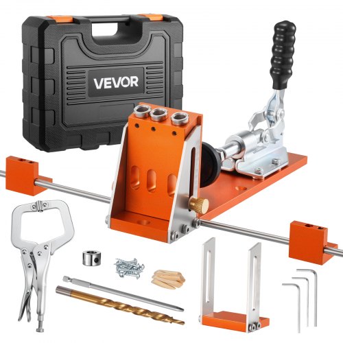 

VEVOR Pocket Hole Jig Kit, 1/2 to 1-1/2 in Adjustable, Jig Pocket Hole System with Toolcase, C-Clamp, Step Drill, Hex Wrench, Drill Stop Ring, Square Drive Bit, Reinforced Metal Frame, for Woodworking