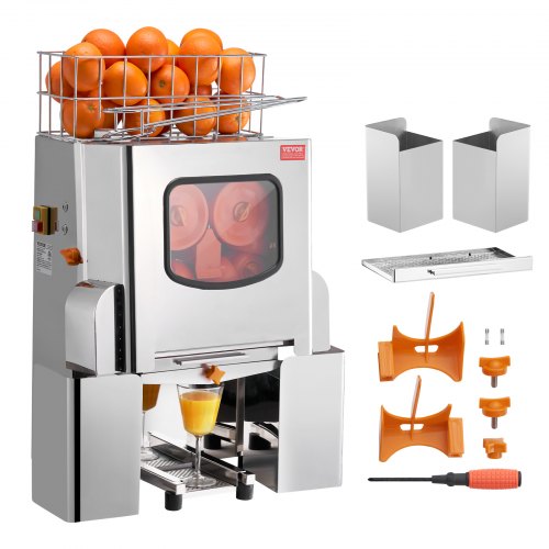 

VEVOR Commercial Orange Juicer Machine, 120W Automatic Juice Extractor, Stainless Steel Orange Squeezer 20 Oranges/Minute, with Pull-Out Filter Box, Stainless Steel Cover, 2 Peel Collecting Buckets