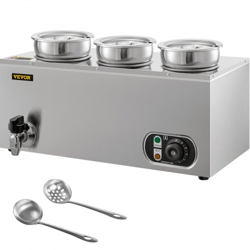 VEVOR 110V Commercial Food Warmer 12.6 Qt Capacity, 800W Electric Soup Warmer Adjustable Temp.86-185?, Stainless Steel Countertop Soup Pot with Tap, Bain Marie Food Warmer for Cheese/Hot Dog/Rice