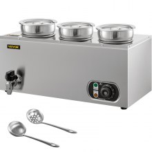 VEVOR 110V Commercial Food Warmer 12.6 Qt Capacity, 800W Electric Soup Warmer Adjustable Temp.86-185℉, Stainless Steel Countertop Soup Pot with Tap, Bain Marie Food Warmer for Cheese/Hot Dog/Rice