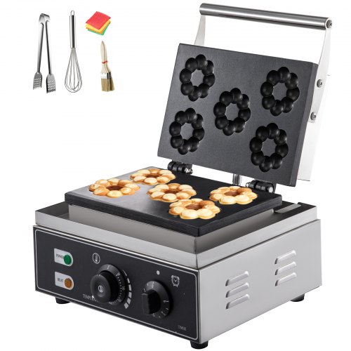 VEVOR 110V Commercial Donut Machine Plum Flower 5 Holes Double-Sided Heating 50-300℃, 1500W Electric Doughnut Maker , Non-stick Waffle Iron Teflon-Coating Professional Kitchen