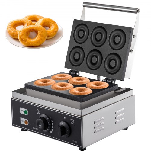 VEVOR 110V Commercial Waffle Donut Machine 6 Holes Double-Sided Heating 50-300℃, Electric Doughnut Maker 1550W, Non-stick Donut MakerTeflon-Coating Fo