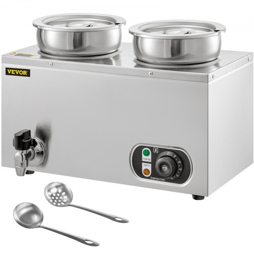 VEVOR 110V Commercial Soup Warmer 14.8 Qt Capacity, 500W Electric Food Warmer Adjustable Temp.86-185℉, Stainless Steel Countertop Soup Pot with Tap, Bain Marie Food Warmer for Cheese/Hot Dog/Rice