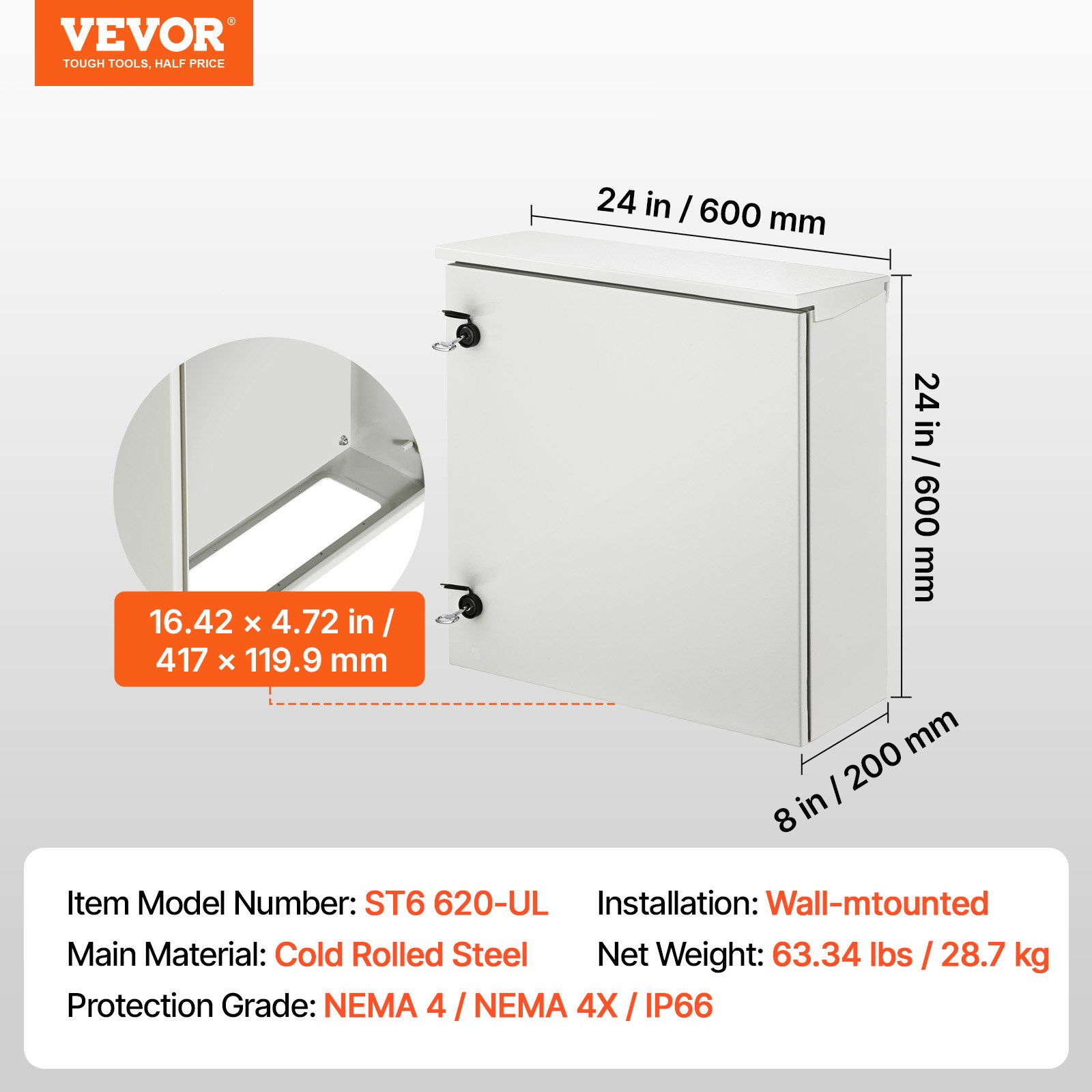 Elektriline terasest korpuse karp NEMA 4 välistingimustes 60x60x20 cm UL, 60 x 60 x 20 cm