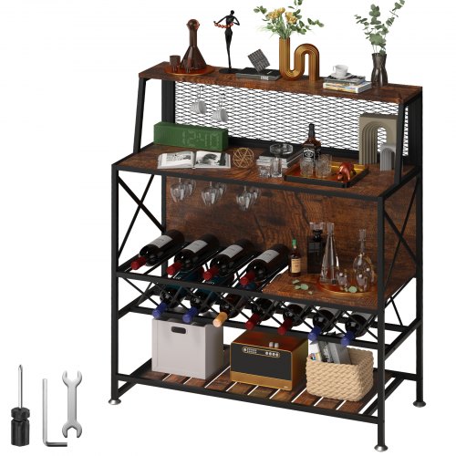 

VEVOR Wine Rack Home Bar Table, Industrial Liquor Storage Cabinets with Glass Holder, Bakers Rack Freestanding with Large Capacity for Home Kitchen Dining Room, Hold 12 Bottles of Wine (Rustic Brown)