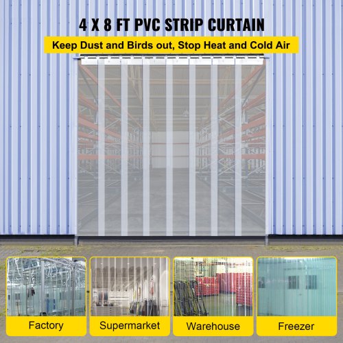 VEVOR 4' x 8' Plastic Door Strip Curtain 8" Freezer Walk In 48" x 96" PVC Vinyl 