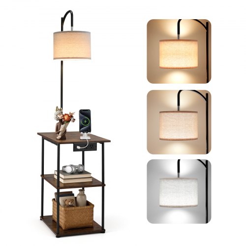 

VEVOR Floor Lamp with Table, Narrow 3-Tier End Table with Open Shelves & 3 Color Temperature Lighting, Side Nightstand Bedside Desk with USB & Type C & AC Charging Port for Living Room, Bedroom, Dorm