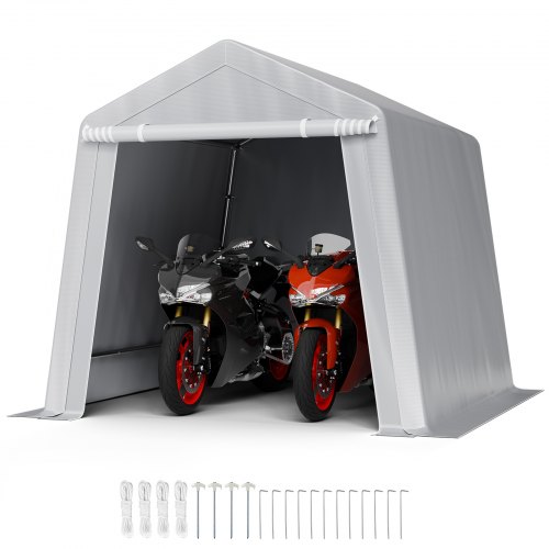 VEVOR Outdoor Storage Shed, 8 x 8 ft Portable Storage Tent with Roll-up Door & Vents, Waterproof Canopy Shed Shelter, Heavy Duty Frame, Patio Garage Carport for Motorcycle, Lawn Mower, Bike, Grey