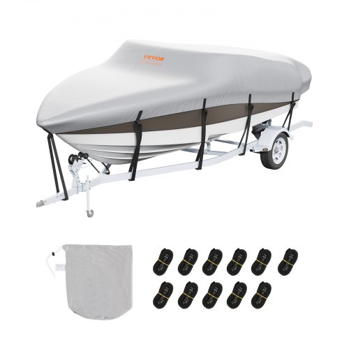 Vevor Boat Cover, 14'-16' Trailerable Waterproof Boat Cover, 600D Marine Grade PU Oxford, with Motor Cover and Buckle Straps, for V-Hull, Tri-Hull, Fish Ski Boat, Runabout, Bass Boat, Grey