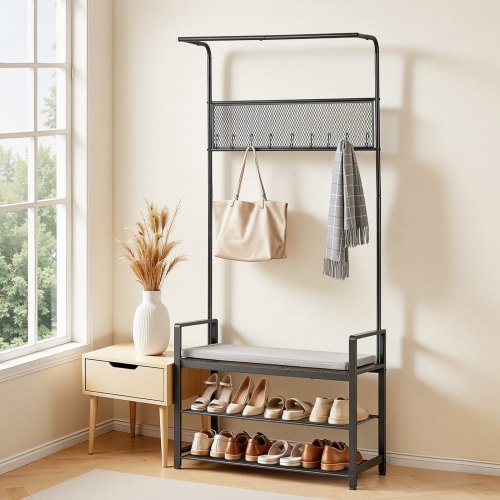 

VEVOR Hall Tree, 72 in Coat Rack with Shoe Bench, Freestanding 2-Tier Shoe Rack Storage Organizer with Hooks, Hanging Rod and Wire Shelf, Steel Frame Entrance Coat Holder for Entry, Bedroom, Closet
