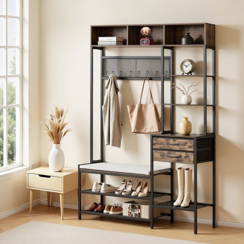 VEVOR Hall Tree, 70.9 in Coat Rack with Shoe Bench & 2 Drawers, 3-in-1 Freestanding Shoe Rack Storage Organizer with Bookshelf & Wire Shelf, Steel Frame Entrance Coat Holder for Entry, Bedroom, Closet