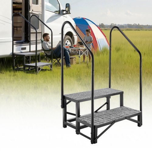 Vevor RV Steps With Dual Handrails, 2 Steps, 660 Lbs Load Capacity, Heavy Duty Outdoor RV Stairs With Non-Slip Mat For Elderly/Pets, Portable Stairs F-image