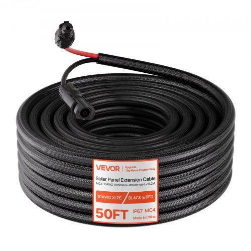 

VEVOR 50FT Solar Panel Extension Cable, 10 AWG, Solar Panel Wire with Flame Retardant Protective Sleeving, Female and Male Connectors, IP67 Waterproof PV Wire, for Outdoor Automotive RV, Black & Red