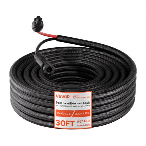 

VEVOR 30FT Solar Panel Extension Cable, 10 AWG, Solar Panel Wire with Flame Retardant Protective Sleeving, Female and Male Connectors, IP67 Waterproof PV Wire, for Outdoor Automotive RV, Black & Red