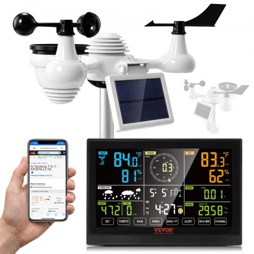 

VEVOR 7-in-1 Wi-Fi Weather Station, 7.5 in Color Display, Home Weather Station Indoor Outdoor, with Solar Wireless Outdoor Sensor Alarm Alerts, for Temperature Humidity Wind Speed/Direction Rain