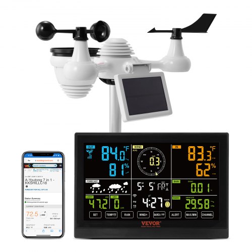 

VEVOR 7-in-1 Solar-Powered Wi-Fi Weather Station 7.5 in with Outdoor Sensor