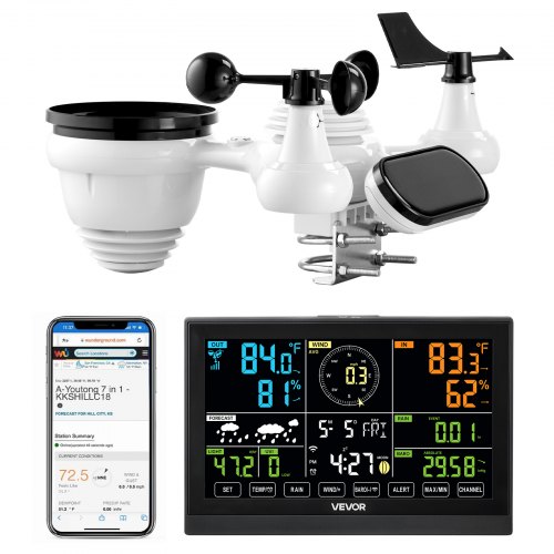 

VEVOR 7-in-1 Wi-Fi Weather Station, 7.5-Inch VA Display, Solar Powered Wireless Outdoor Sensor, Home Weather Station Indoor Outdoor, for Temperature, Humidity, Wind Speed/Direction, Rainfall, No APP