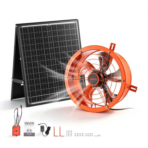 VEVOR Gable Mount Fan, 12 inch Solar Attic Vent Exhaust Fan Carbon Steel, 900 CFM Cooling and Ventilation for Roof, Greenhouse, Garage, Shop, Small Spaces, with Thermostat and Power Adapter, Orange