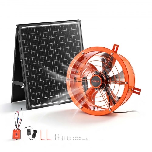 VEVOR Gable Mount Fan, 12 inch Solar Attic Vent Exhaust Fan Carbon Steel, 900 CFM Cooling and Ventilation for Roof, Greenhouse, Garage, Shop, Small Spaces, with Thermostat and Power Adapter, Orange