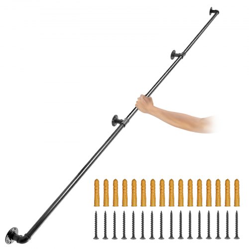 VEVOR Pipe Stair Handrail, 3m Staircase Handrail, 200KG Load Capacity Carbon Steel Pipe Handrail, Industrial Pipe Handrail with Wall Mount Support, Round Corner Wall Handrailing for Indoor, Outdoor