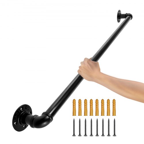 VEVOR Pipe Stair Handrail, 0.9m Staircase Handrail, 200KG Load Capacity Carbon Steel Pipe Handrail, Industrial Pipe Handrail with Wall Mount Support, Round Corner Wall Handrailings for Indoor, Outdoor