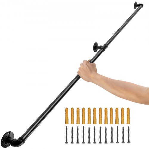 VEVOR Pipe Stair Handrail, 1.8m Staircase Handrail, 200KG Load Capacity Carbon Steel Pipe Handrail, Industrial Pipe Handrail with Wall Mount Support, Round Corner Wall Handrailings for Indoor, Outdoor