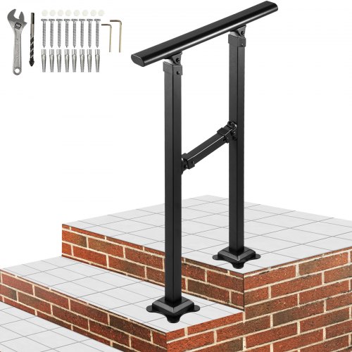 VEVOR Outdoor Stair Railing, Fits for 1-2 Step Transitional Wrought Iron Handrail, Adjustable Exterior Stair Railing, Handrails for Concrete Steps with Installation Kit, Matte Black Outdoor Handrail