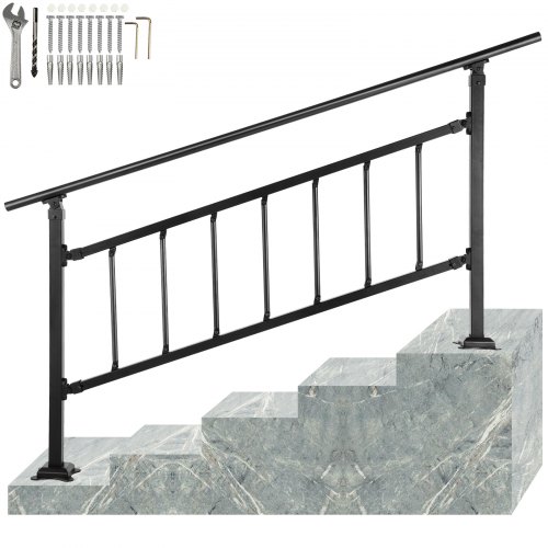 VEVOR Iron Handrail Stair Railing Hand Rail Kit 1-4 Steps Outdoor Black w/ Bars