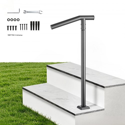VEVOR Handrails for Outdoor Steps, 1-2 Step Stair Hand Rail Kit Single Post, Black Round Tube Stair Rails for Seniors, Concrete Steps & Porch & Deck, Heavy-Duty Galvanized Steel Railings w/ Drill Bit
