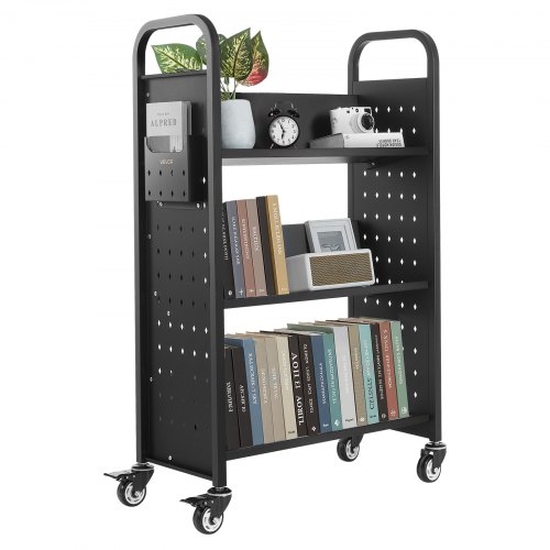 

VEVOR 3-Tier Rolling Book Cart Single Sided V-Shaped Shelves Book Truck in Black