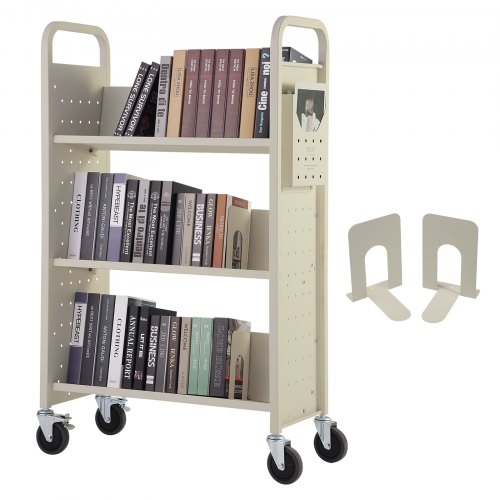 

VEVOR Book Cart, 330 lbs Library Cart, 31.1" x 15.2" x 49.2" Rolling Book Cart, Single Sided V-Shaped Sloped Shelves with 4-Inch Lockable Wheels for Home Shelves Office and School, Book Truck in Cream