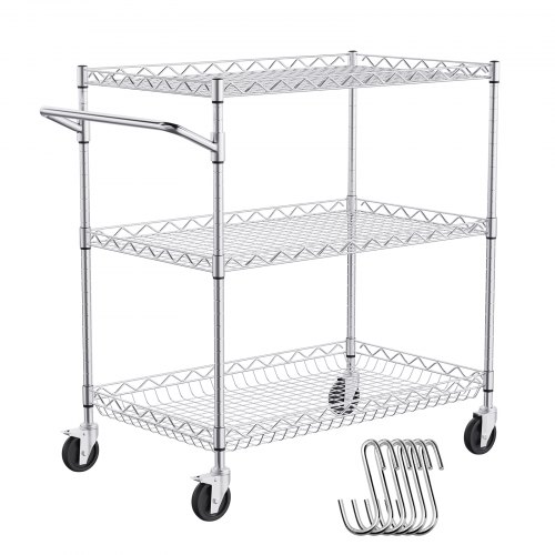 

VEVOR Kitchen Utility Cart, 3 Tiers, Wire Rolling Cart with 300kg Capacity, Steel Service Cart on Wheels, Metal Storage Trolley with 80mm Deep Basket Curved Handle 6 Hooks, for Indoor and Outdoor Use