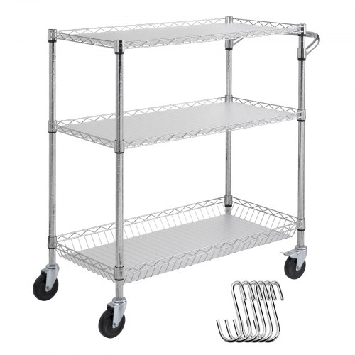 

VEVOR Kitchen Utility Cart, 3 Tiers, Wire Rolling Cart, Steel Service Cart on Wheels, Metal Storage Trolley with 80mm Basket Curved Handle PP Liner 6 Hooks, for Indoor and Outdoor