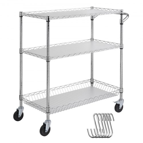 

VEVOR Kitchen Utility Cart, 3 Tiers, Wire Rolling Cart with 661LBS Capacity, Steel Service Cart on Wheels, Metal Storage Trolley with 80mm Basket Curved Handle PP Liner 6 Hooks, for Indoor and Outdoor