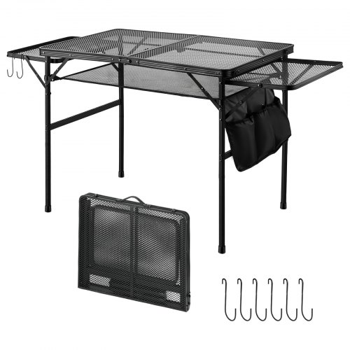 VEVOR Folding Grill Table with 2 Wing Panel 36x24in Camping Station 120lbs, for Picnic BBQ Tailgating, Adjustable Height, 2 Tier Outdoor Aluminum Side Stand with Side Pocket, Mesh Net, Portable Handle