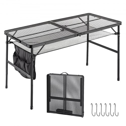 VEVOR Folding Grill Table 48x24 in Camping Tables 120lbs Capacity Aluminum, Compact for Picnic BBQ Tailgating, Adjustable Height, Outdoor Side Stand with Side Pocket, Portable Handle, Black Metal Mesh