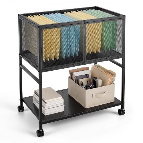 Vevor Rolling File Cart 2-Tier Mobile Filing Cabinet with Lockable Wheels, for Home Office, Large Storage Capacity, Hanging File Folder Organizer, Easy Mobility, with 60 lbs / 27.2 kg Load, Black