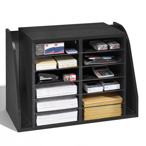 

VEVOR Literature Organizer, 12 Compartments Office Mailbox with Side Vertical Storage, Wooden Mailbox Sorter Made of Particle Board, Countertop Office Home Organizer for File, Document, Paper, Black